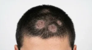 Scalp fungal infection (Tinea Capitis) showing patchy hair loss, itching, and scaly irritated areas on the scalp.