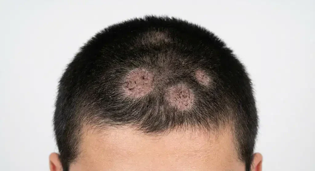 Scalp fungal infection (Tinea Capitis) showing patchy hair loss, itching, and scaly irritated areas on the scalp.